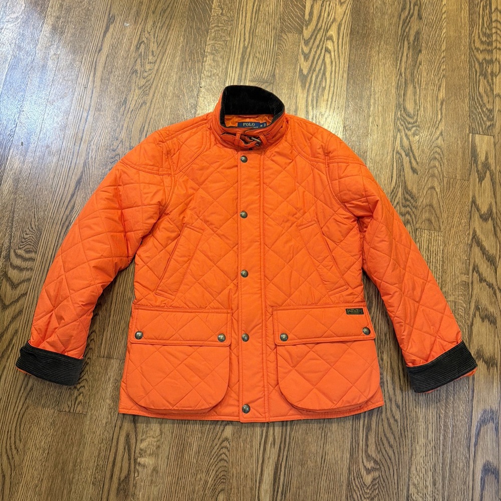 EUC Polo Ralph Lauren Women Equestrian Barn Quilt Jacket Orange Corduroy Trim M